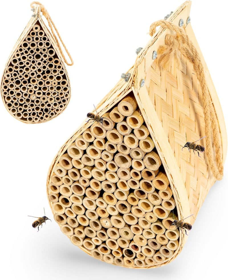Made Easy Kit Bee House – Attracts Mason & Leafcutter Bees – Natural Bamboo Pollinator Habitat with Jute Rope – Hotel for Garden & Backyard – Eco-Friendly Insect Shelter (Honey Droplet, Large) - Image 1